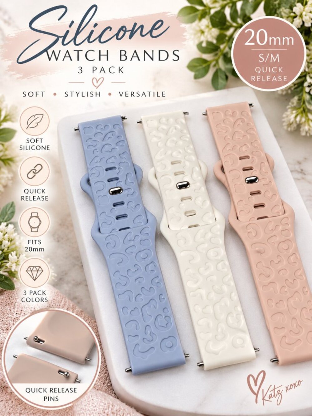 20mm Silicone Watch Bands S/M 3 Pack Blue Ivory Blush Quick Release Straps New